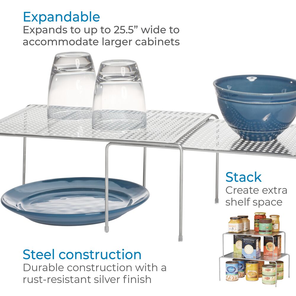 IDesign Expandable Cabinet Shelves – Stackable Metal Organizer For Kitchen, Bathroom, Pantry – Silver, 14” X 9”